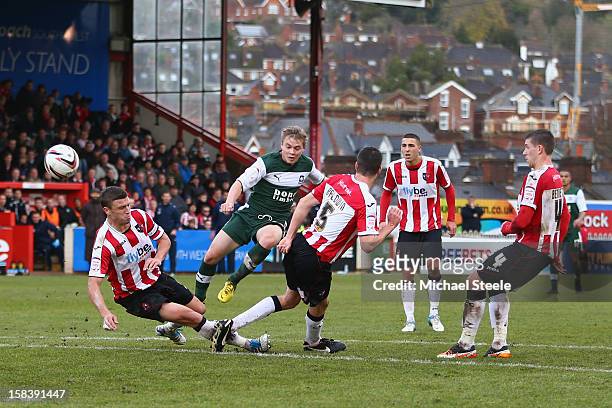 Joe Lennox of Plymouth Argyle scores his sides equalising goal during the npower League Two match between Exeter City and Plymouth Argyle at...