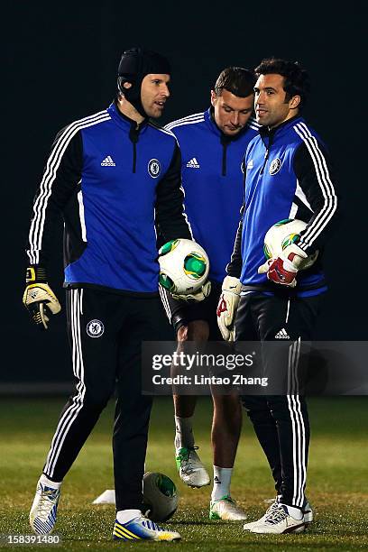 Goalkeeper Petr Cech , Henrique Hilario and Ross Turnbull during the Chelsea training session at Marinos Town on December 15, 2012 in Yokohama, Japan.