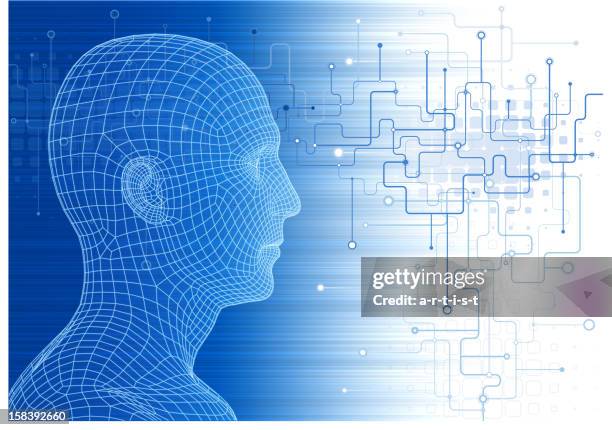 technology background with three-dimensional head - 3d face stock illustrations