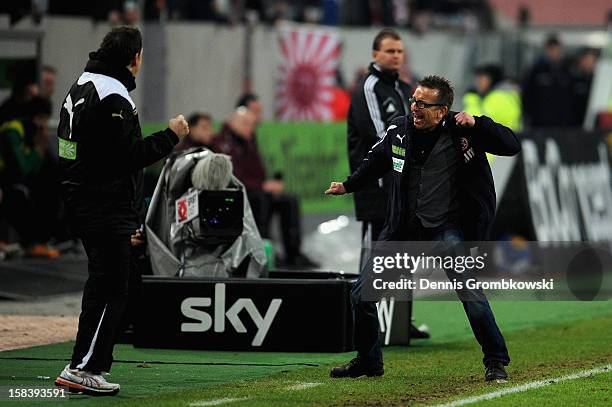 Head coach Norbert Meier of Duesseldorf celebrates after the final whistle of the Bundesliga match between Fortuna Duesseldorf 1895 and Hannover 96...