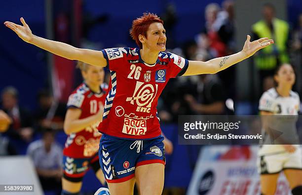 Biljana Filipovic of Serbia celebrates after scoring a goal during the Women's European Handball Championship 2012 semifinal match between Serbia and...