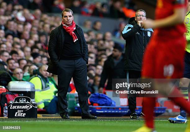 Liverpool manager Brendan Rodgers shows his dejection during the Barclays Premier League match between Liverpool and Aston Villa at Anfield on...