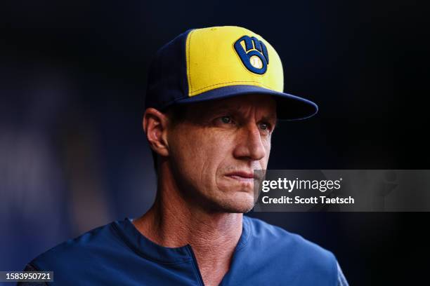 Manager Craig Counsell of the Milwaukee Brewers looks on before the game against the Washington Nationals at Nationals Park on July 31, 2023 in...