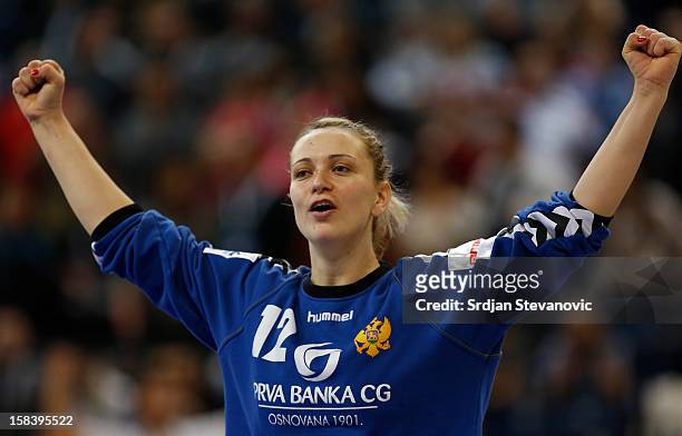 Goalkeeper Sonja Barjakratovic of Montenegro celebrate victory against Serbia after the Women's European Handball Championship 2012 semifinal match...