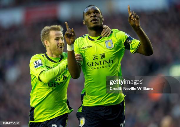 Christain Benteke of Aston Villa celebrates his first goal for Aston Villa during the Barclays Premier League match between Liverpool and Aston Villa...