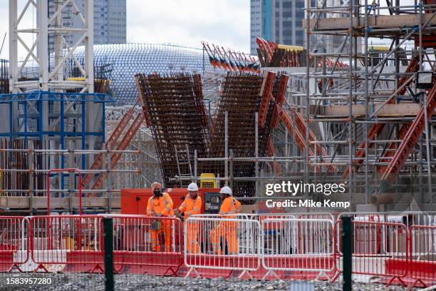 Construction site as supports for the incoming raised tracks begin to take shape near the HS2 mainline station at Curzon Street on 7th August 2023 in...