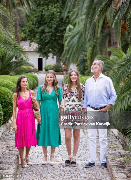 Queen Letizia of Spain, Princess Leonor of Spain, Princess Sofia of Spain and King Felipe of Spain visit Los Jardines de la Alfabia gardens in...