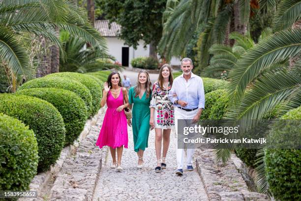 Queen Letizia of Spain, Princess Leonor of Spain, Princess Sofia of Spain and King Felipe of Spain visit Los Jardines de la Alfabia gardens in...