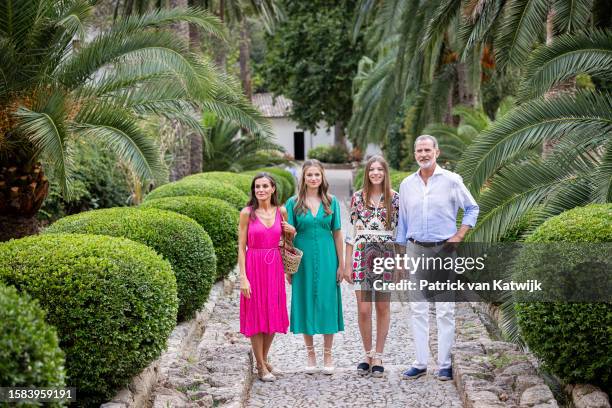 Queen Letizia of Spain, Princess Leonor of Spain, Princess Sofia of Spain and King Felipe of Spain visit Los Jardines de la Alfabia gardens in...