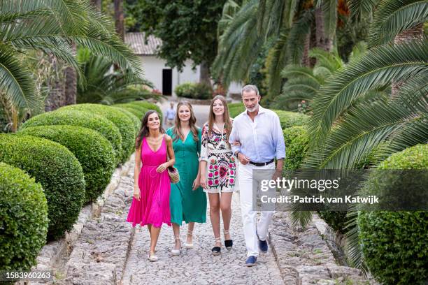 Queen Letizia of Spain, Princess Leonor of Spain, Princess Sofia of Spain and King Felipe of Spain visit Los Jardines de la Alfabia gardens in...