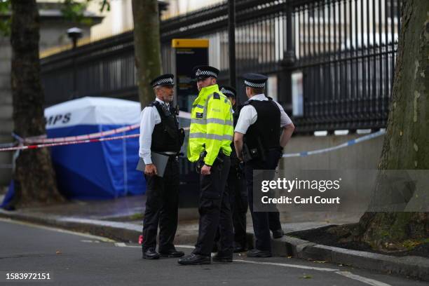 Police forensic tent is erected outside British Museum on August 8, 2023 in London, England. The Metropolitan Police said they were called to Museum...
