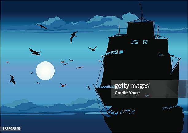 majestic pirate sailing ship at sea - tall ship stock illustrations