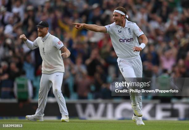 Stuart Broad and Ben Stokes of England celebrate the dismissal of Todd Murphy of Australia during the 5th Test between England and Australia at The...