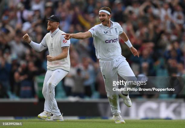 Stuart Broad and Ben Stokes of England celebrate the dismissal of Todd Murphy of Australia during the 5th Test between England and Australia at The...