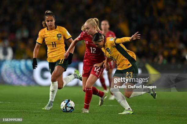 Kathrine Kühl of Denmark and Kyra Cooney-Cross of Australia battle for the ball during the FIFA Women's World Cup Australia & New Zealand 2023 Round...