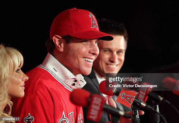 Josh Hamilton of the Los Angeles Angels of Anaheim smiles during the press conference introducing Hamilton as the team's newest player as Angels...