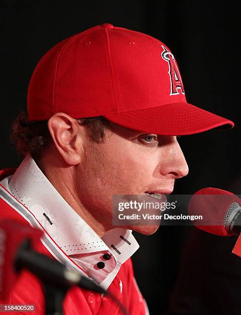 Josh Hamilton of the Los Angeles Angels of Anaheim speaks during the press conference introducing Hamilton as the team's newest player at ESPN Zone...