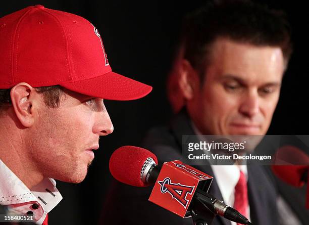 Josh Hamilton of the Los Angeles Angels of Anaheim speaks during the press conference introducing Hamilton as the team's newest player as Angels...
