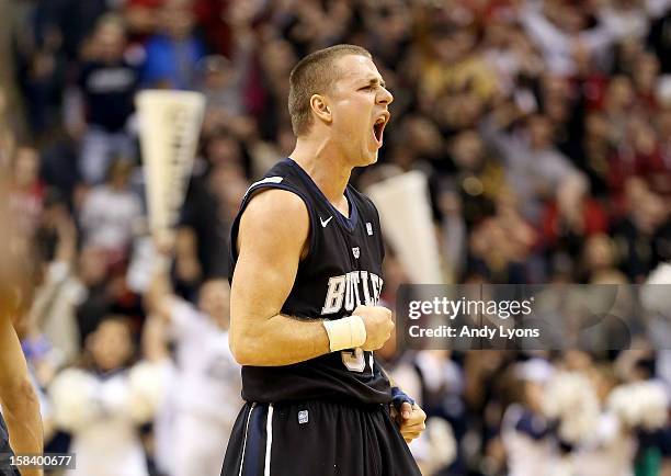 Chase Stigall of the Butler Bulldogs celebrates after the game against the Indiana Hoosiers during Boston Scientific Close The Gap Crossroads Classic...