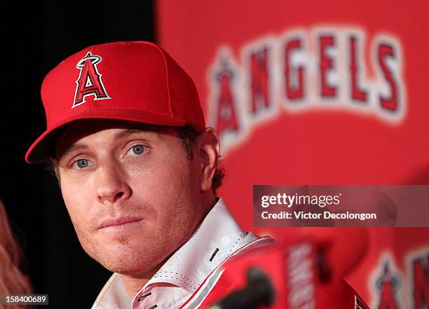 Josh Hamilton of the Los Angeles Angels of Anaheim looks on during the press conference introducing Hamilton as the team's newest member at ESPN Zone...