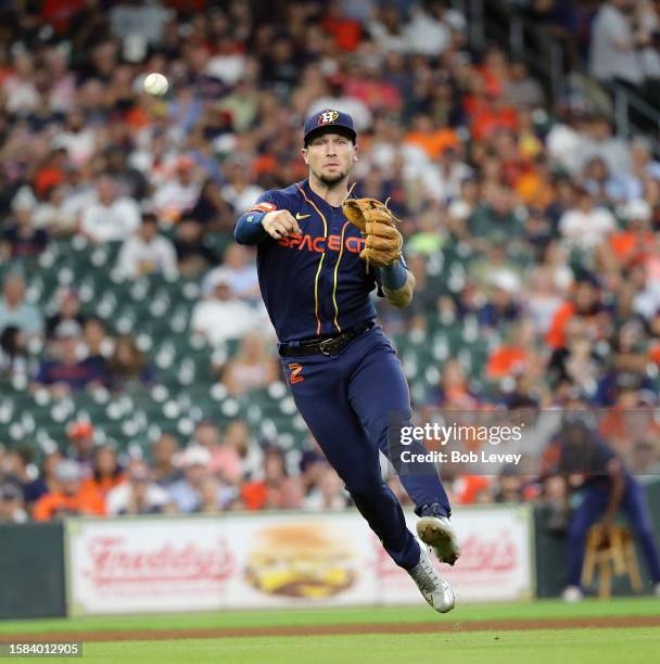 Alex Bregman of the Houston Astros throws out Josh Naylor of the Cleveland Guardians in the third inning at Minute Maid Park on July 31, 2023 in...