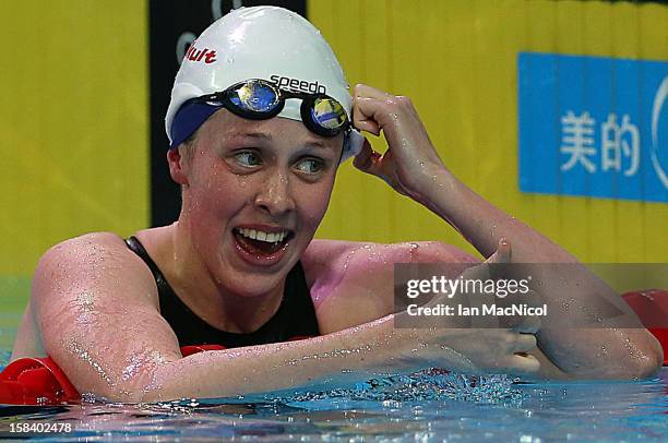 Hannah Miley of Great Britain reacts after her third place in the women's 200n IM Final final during day four of the 11th FINA Short Course World...