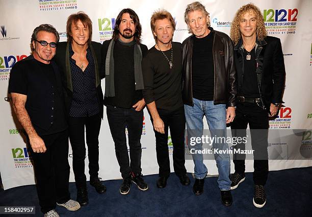 Tico Torres, Richie Sambora, Dave Grohl, Jon Bon Jovi, Roger Waters and David Bryan backstage during "12-12-12" a concert benefiting The Robin Hood...