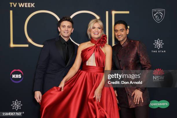Sam Taunton, Sarah Harris and Waleed Aly attend the 63rd TV WEEK Logie Awards at The Star, Sydney on July 30, 2023 in Sydney, Australia.