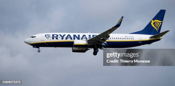 Boeing 737-8AS from Ryanair coming from Lisbon is landing in Brussels South Charleroi Airport on August 8, 2023 in Belgium. On August 14 and 15,...