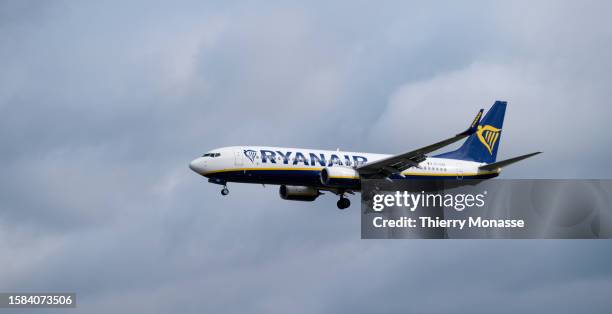 Boeing 737-8AS from Ryanair coming from Lisbon is landing in Brussels South Charleroi Airport on August 8, 2023 in Belgium. On August 14 and 15,...