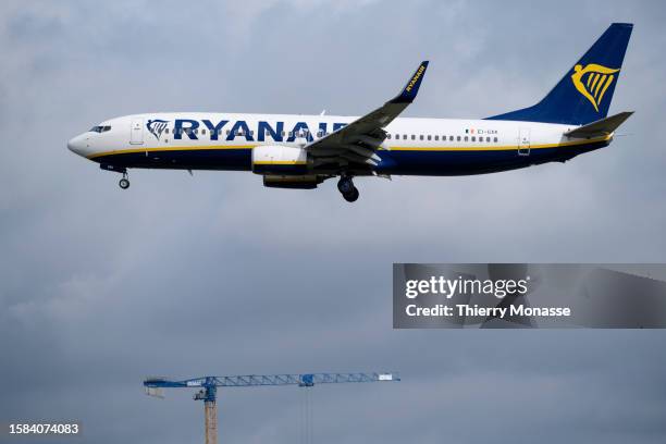 Boeing 737-8AS from Ryanair coming from Lisbon is landing in Brussels South Charleroi Airport on August 8, 2023 in Belgium. On August 14 and 15,...