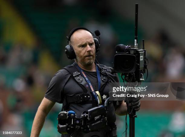 Sky Sports camera operator before a cinch Premiership match between Celtic and Ross County at Celtic Park, on August 05 in Glasgow, Scotland.