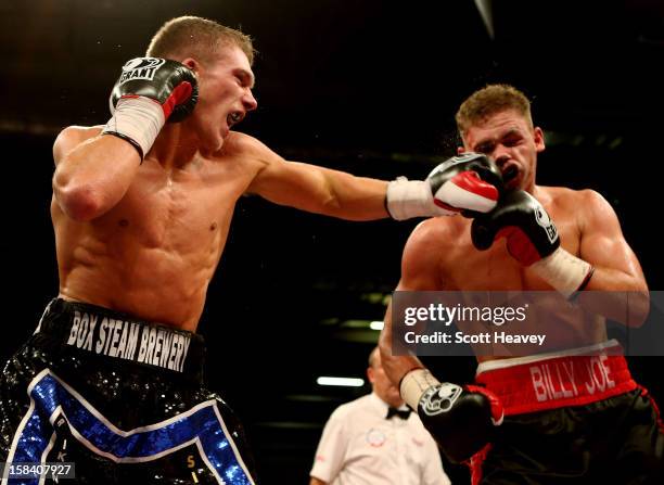 Billy Joe Saunders in action with Nick Blackwell during their Commonwealth and Vacant British Middleweight Championship bout at ExCel on December 15,...