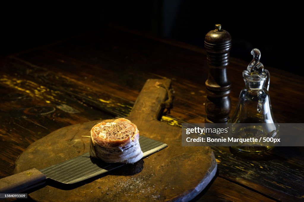 Close-up of chess pieces on table