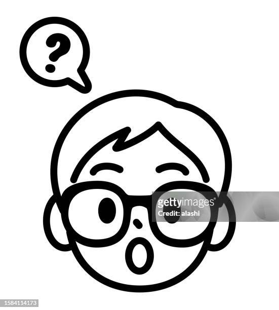 cute face design of a curious boy with horn-rimmed glasses, minimalist style, line art, and black and white outline - horn rimmed glasses stock illustrations stock illustrations