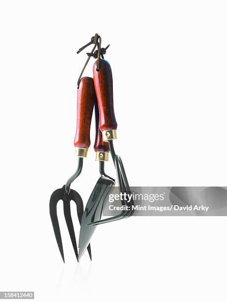 a collection of three traditional handheld garden tools, hoe, fork and trowel with wooden handles. - garden hoe stock pictures, royalty-free photos & images