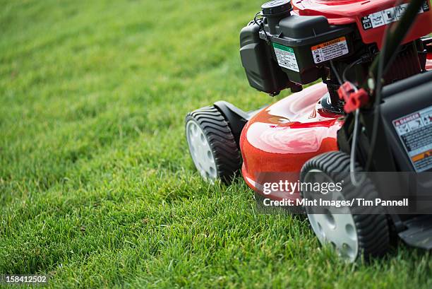 a young man mowing the grass on a property, tending the garden, using a petrol lawnmower. - grasmaaier stockfoto's en -beelden