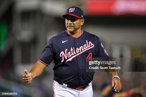 Manager Dave Martinez of the Washington Nationals reacts during the seventh inning of the game against the Milwaukee Brewers at Nationals Park on...