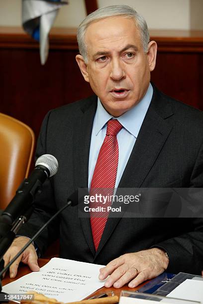 Israeli Prime Minister Benjamin Netanyahu addresses the weekly cabinet meeting at his office on December 16, 2012 in Jerusalem, Israel. Israeli...