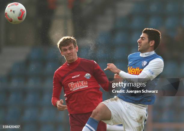 Mario Vrancic of Paderborn and Mirkan Aydin of Bochum fight for the ball during the Second Bundesliga match between VfL Bochum and SC Paderborn at...