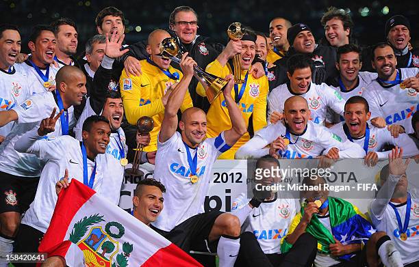 The Corinthians squad celebrate after winning the FIFA Club World Cup Final Match between Corinthians and Chelsea at the International Stadium...