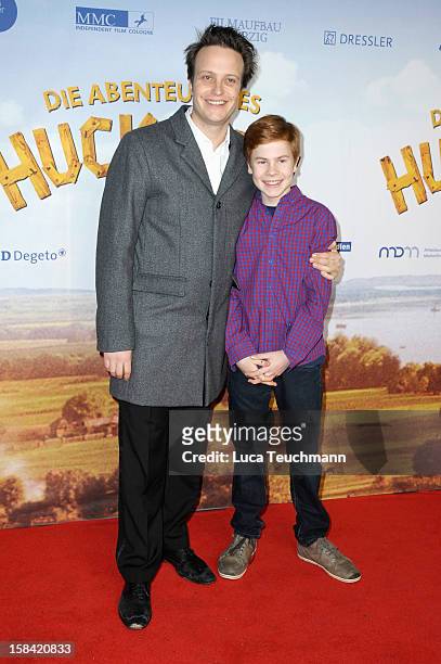 August Diehl and Leon Seidel attend 'Tom Sawyer & Huckleberry Finn' Germany Premiere at Kino in der KulturBrauerei on December 16, 2012 in Berlin,...