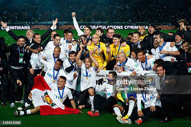 The Corinthians squad celebrate after winning the FIFA Club World Cup Final Match between Corinthians and Chelsea at International Stadium Yokohama...