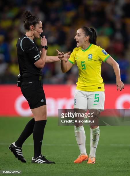 Luana of Brazil argues with referee Kate Jacewicz during the FIFA Women's World Cup Australia & New Zealand 2023 Group F match between France and...