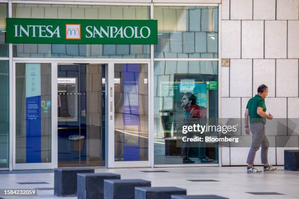 An Intesa Sanpaolo SpA bank branch in Brescia, Italy, on Tuesday, Aug. 8, 2023. Italian stocks tumbled after a surprise new tax on bank profits sent...