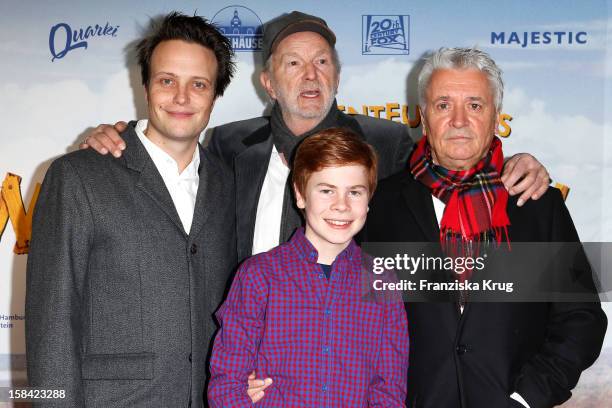 August Diehl, Michael Gwisdek, Leon Seidel and Henry Huebchen attend 'Die Abenteuer des Huck Finn' Germany Premiere on December 16, 2012 in Berlin,...