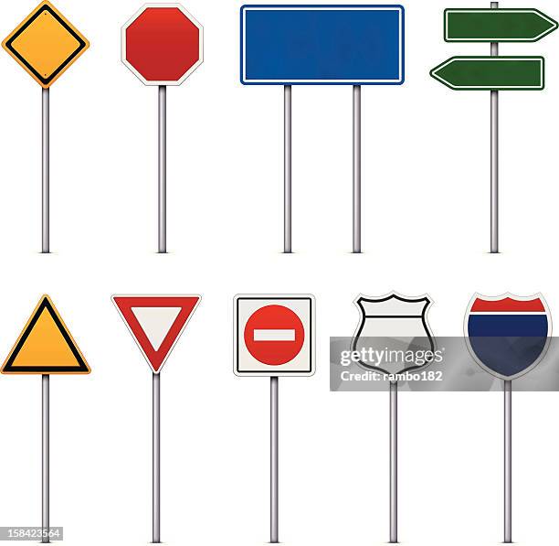 ilustraciones, imágenes clip art, dibujos animados e iconos de stock de conjunto de señales de carretera - road