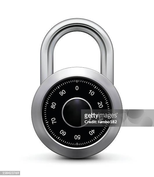close up of a silver and black combination padlock  - combination lock stock illustrations