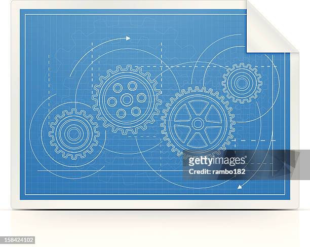 blueprint mit getriebe - technische zeichnung stock-grafiken, -clipart, -cartoons und -symbole