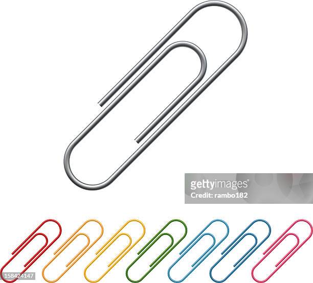 rainbow of paper clips in a row with large paper clip on top - clip stock illustrations
